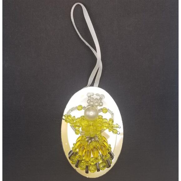 Vintage Beaded Angel Yellow Ornament Mirror 3" Pearl Handmade with Safety Pins - Picture 4 of 6